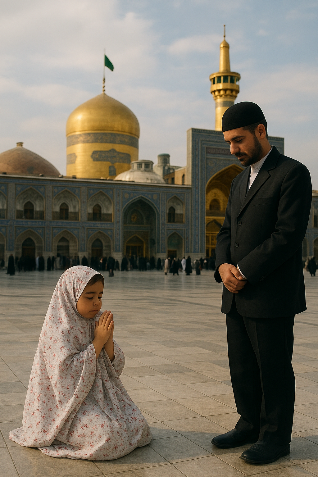 A realistic photo of a little girl praying beside...
